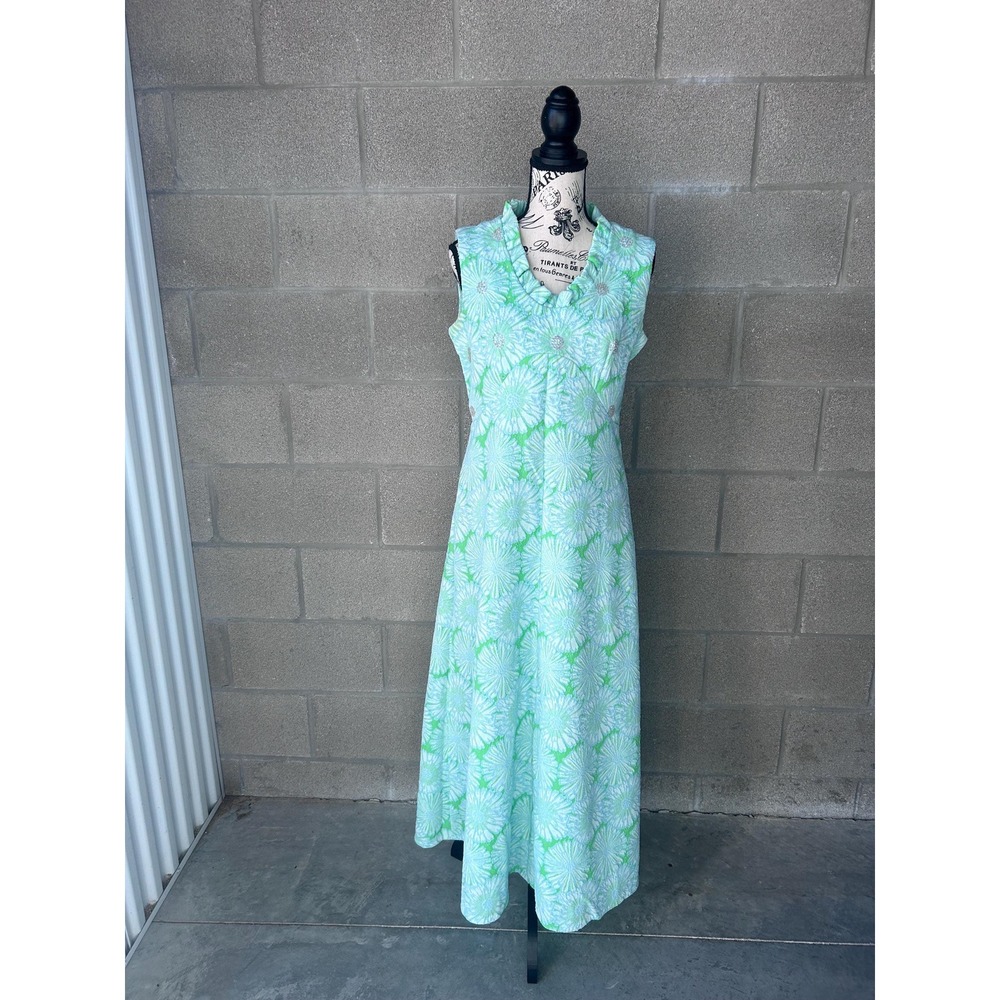 1960s Green Daisy Print Maxi Dress